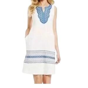 J. McLaughlin Augustine Embroidered White Blue Linen Sleeveless Dress Size Small